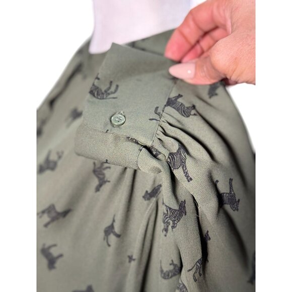 Faden Glory Womens L Shirt Green Zebra Print Button-Up Long Sleeve Blouse - Picture 10 of 11